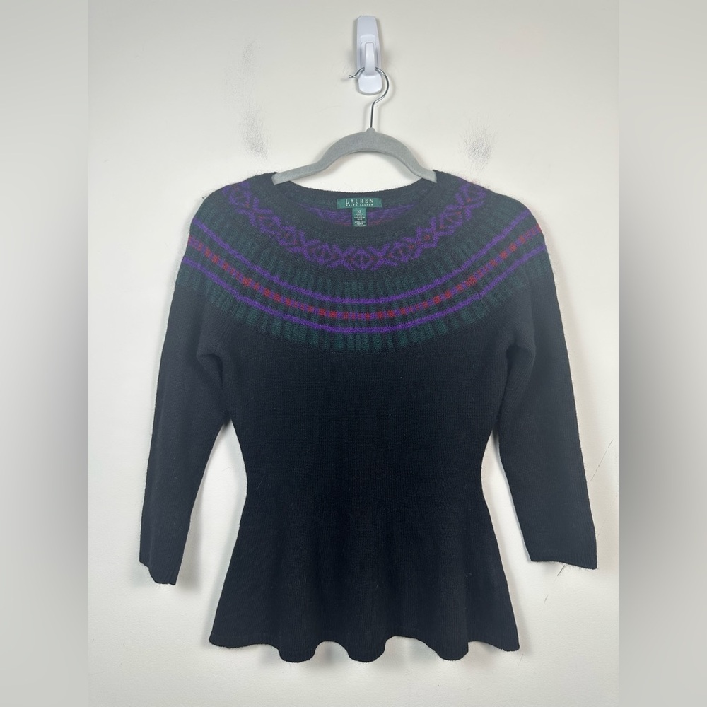 NWT Lauren Ralph Lauren Black Sweater Nordic Purple Green Size XS Peplum